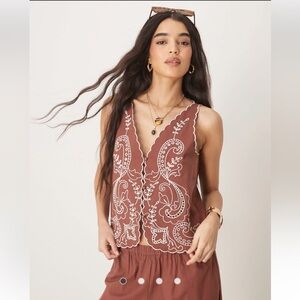 Embroidered Brown Sleeveless Top
